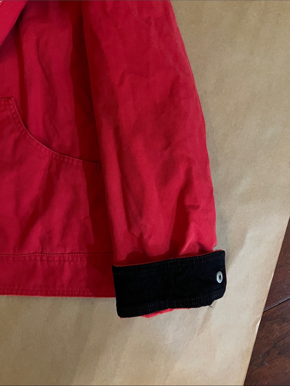BDG Red Zip-Front Utility Jacket with Black Corduroy Collar and Cuffs - Picture 4 of 5